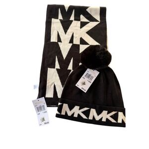 Michael Michael Kors MK Logo Scarf and Pom Pom Beanie Hat Set Black White NEW